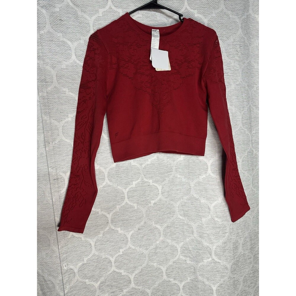 NWT Fabletics Flora Seamless Crop Long Sleeve Top Red Lace Jacquard XL